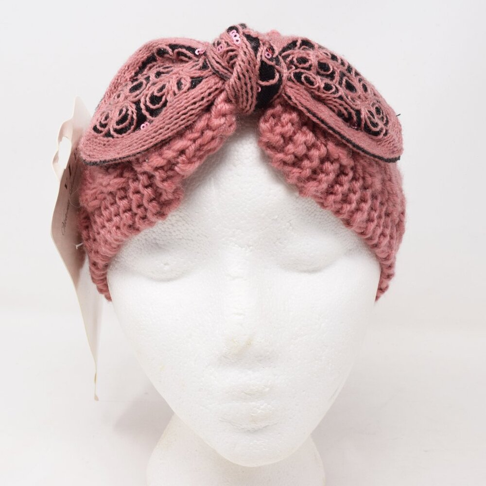Victoria Leland Designs Hairband Wrap Wide Chunky Knit Crochet Bow Pink Mauve